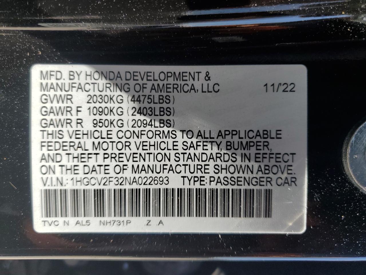 2022 HONDA ACCORD SPORT VIN:1HGCV2F32NA022693