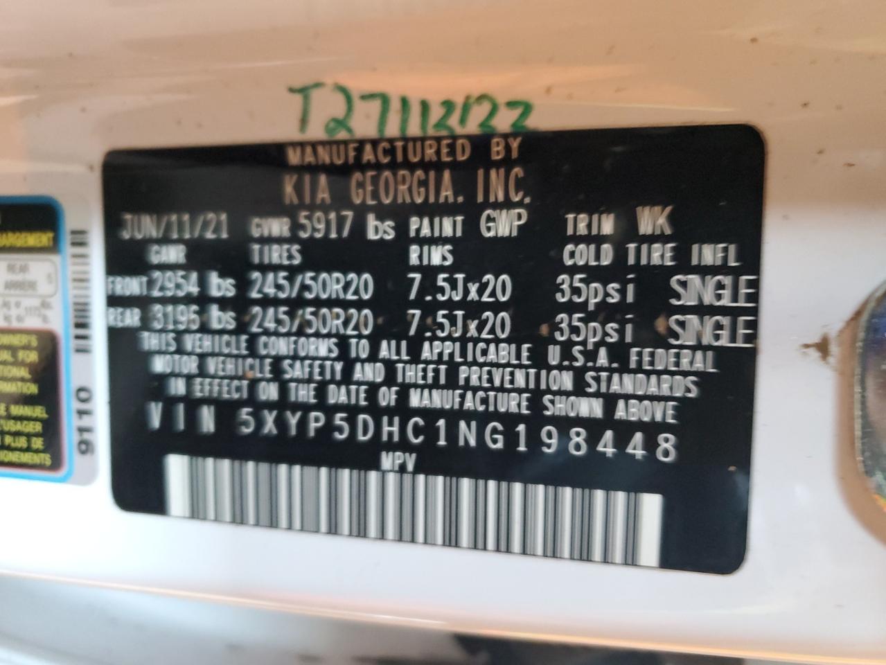 2022 KIA TELLURIDE SX VIN:5XYP5DHC1NG198448