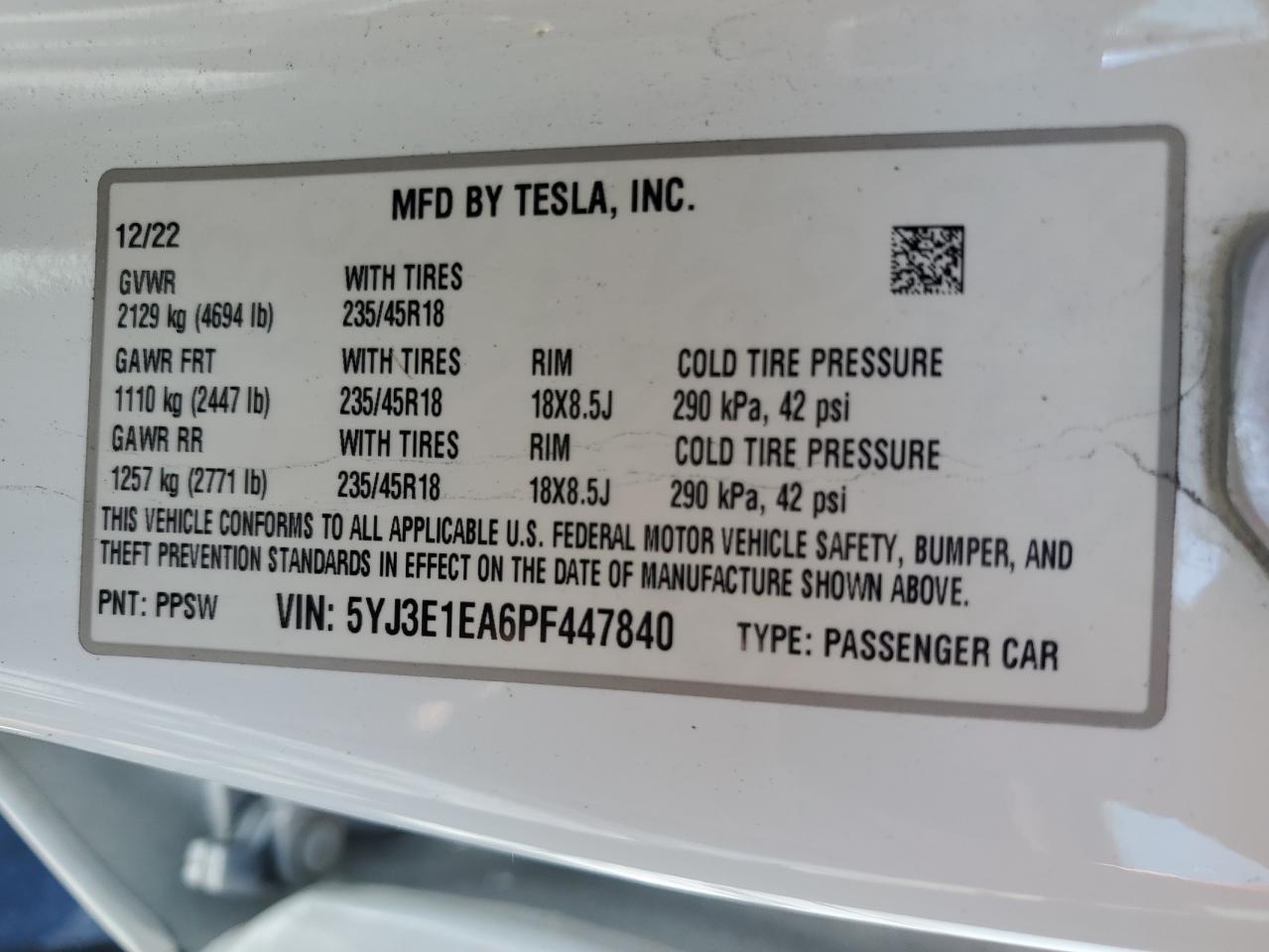 2023 TESLA MODEL 3 VIN:5YJ3E1EA6PF447840
