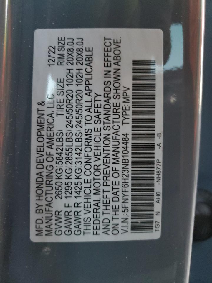 2022 HONDA PILOT SE VIN:5FNYF6H23NB104484