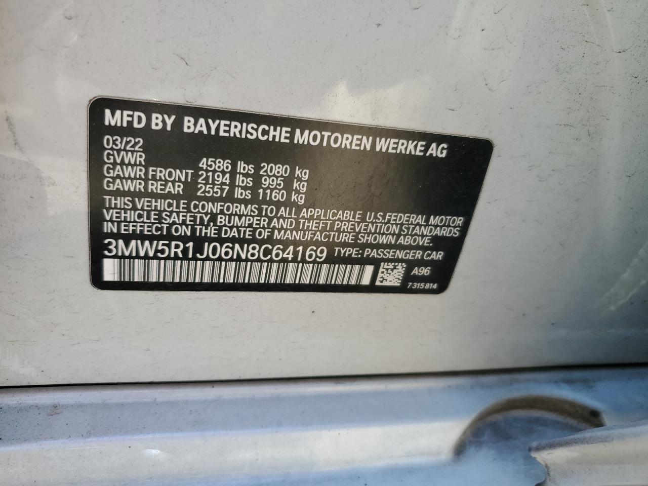 2022 BMW 330I VIN:3MW5R1J06N8C64169