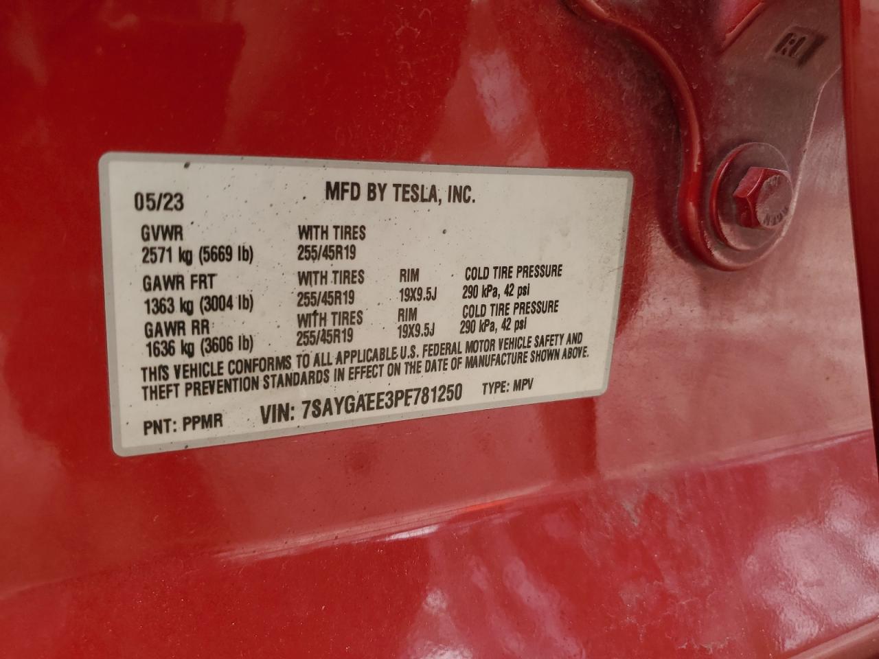 2023 TESLA MODEL Y VIN:7SAYGAEE3PF781250
