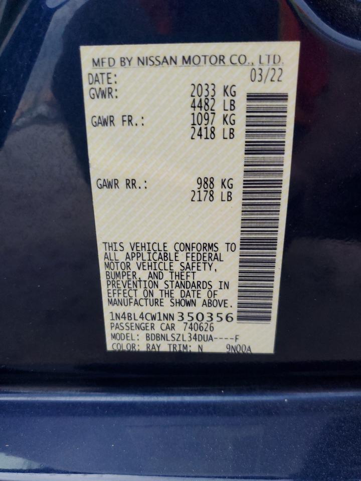 2022 NISSAN ALTIMA SR VIN:1N4BL4CW1NN350356