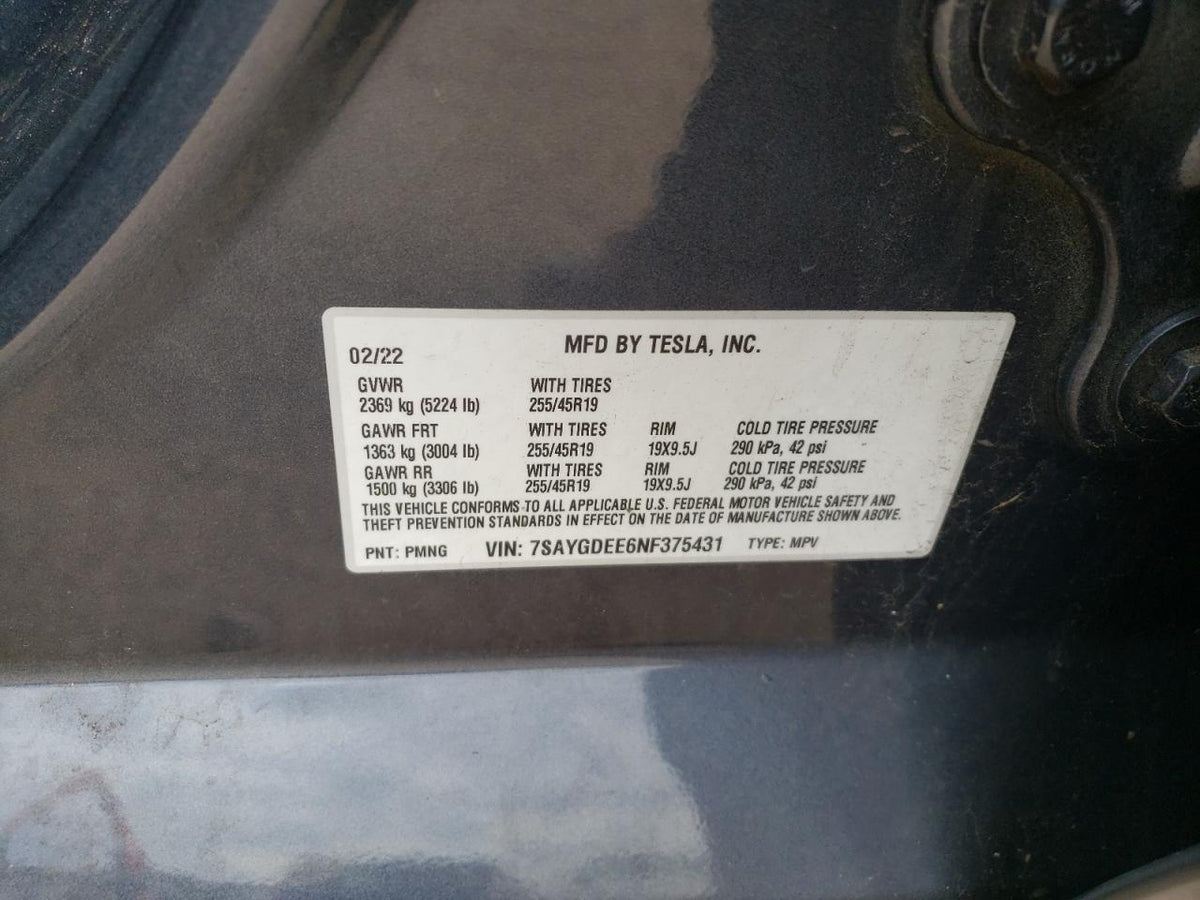 2022 TESLA MODEL Y VIN:7SAYGDEE6NF375431