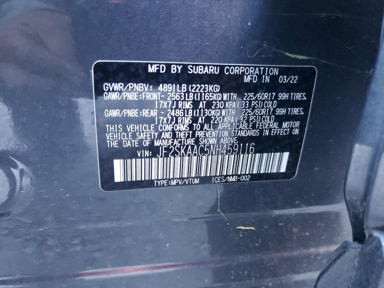 2022 SUBARU FORESTER VIN:JF2SKAAC5NH459116