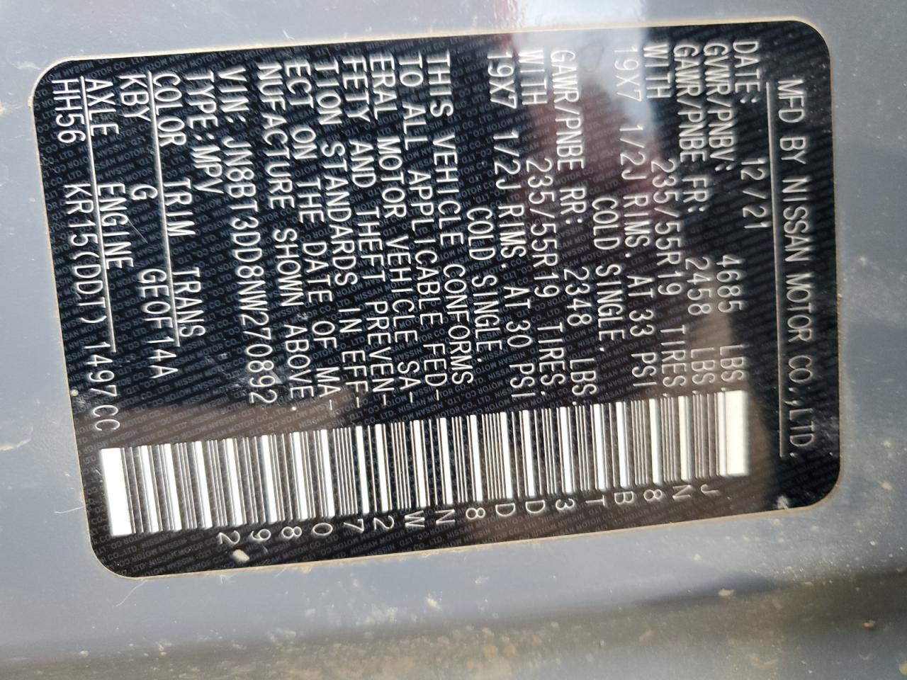 2022 NISSAN ROGUE PLATINUM VIN:JN8BT3DD8NW270892