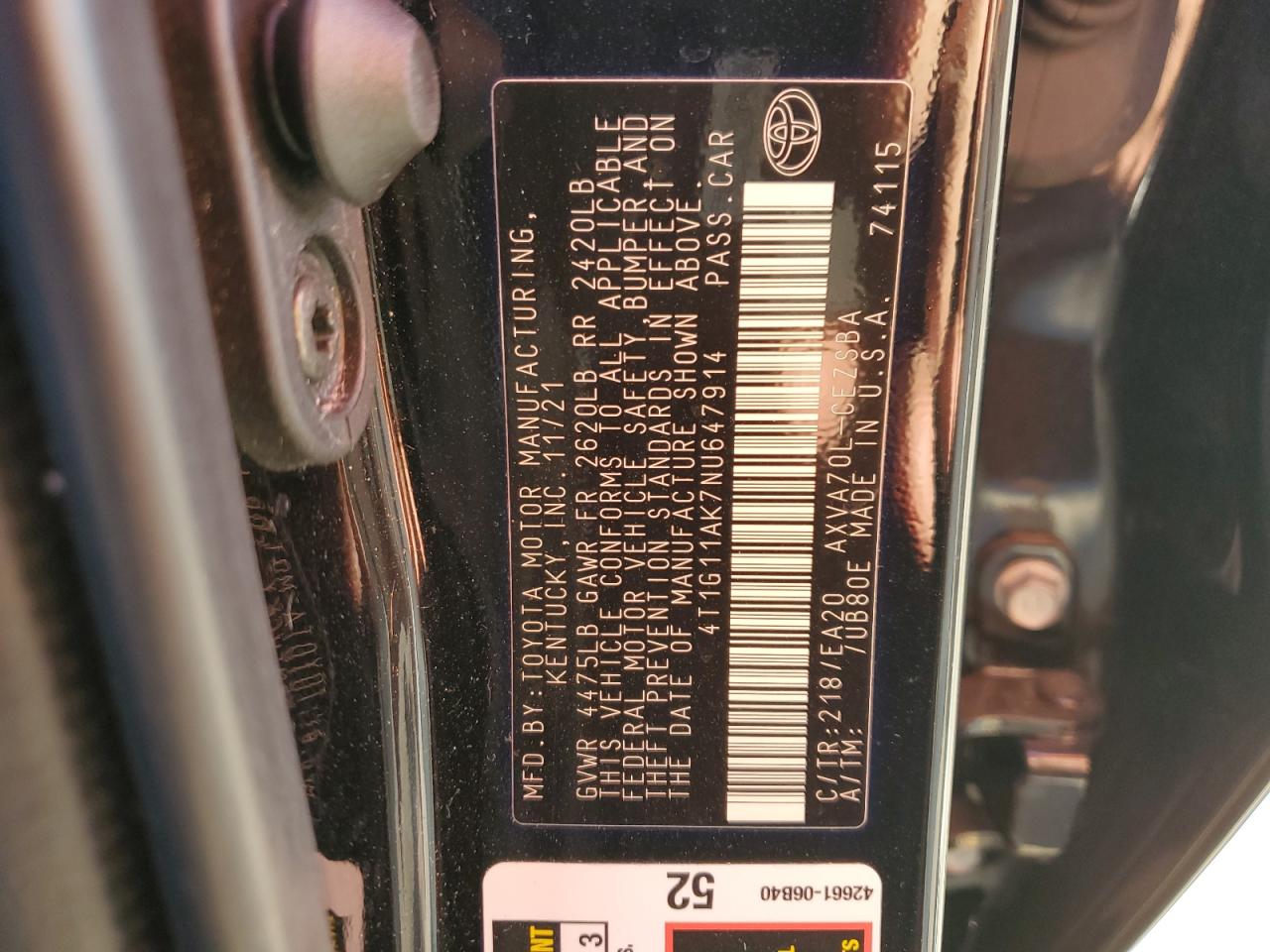 2022 TOYOTA CAMRY SE VIN:4T1G11AK7NU647914