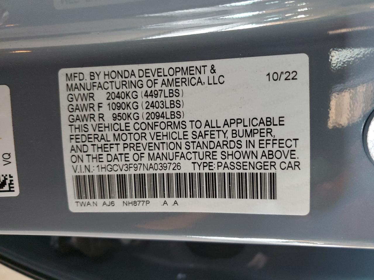 2022 HONDA ACCORD TOURING HYBRID VIN:1HGCV3F97NA039726