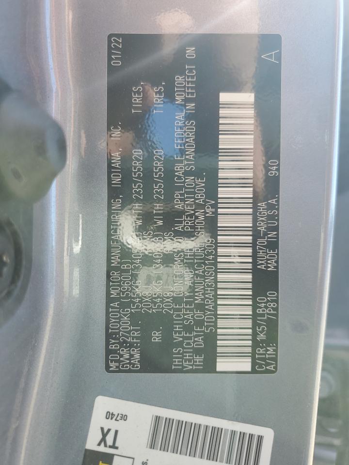 2022 TOYOTA HIGHLANDER HYBRID LIMITED VIN:5TDYARAH3NS014309