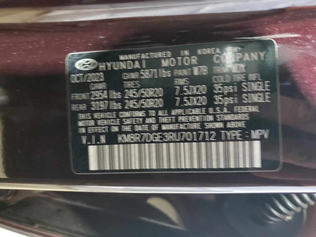 2024 HYUNDAI PALISADE CALLIGRAPHY VIN:KM8R7DGE3RU701712