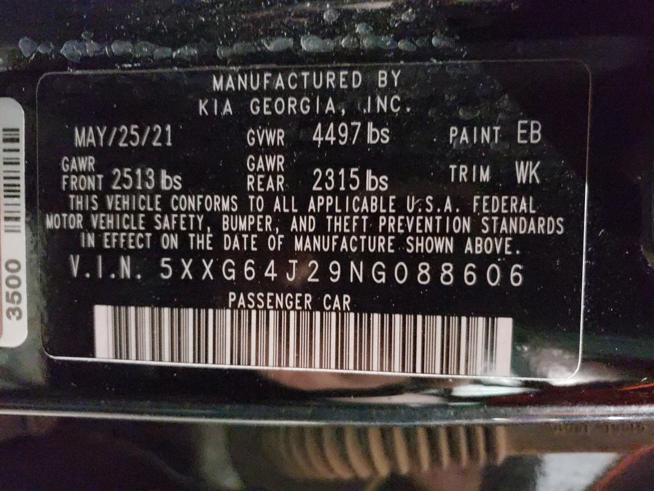 2022 KIA K5 GT LINE VIN:5XXG64J29NG088606