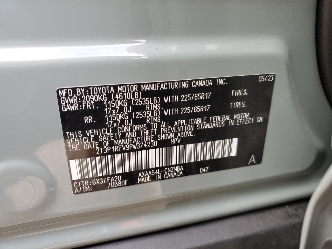 2023 TOYOTA RAV4 XLE VIN:2T3P1RFV9PW374230