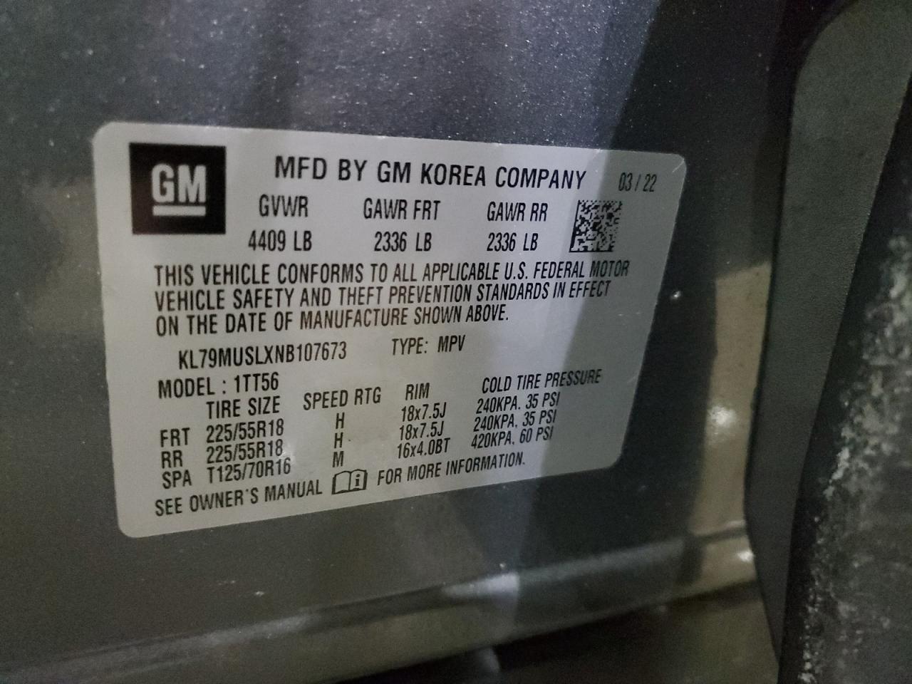 2022 CHEVROLET TRAILBLAZER RS VIN:KL79MUSLXNB107673