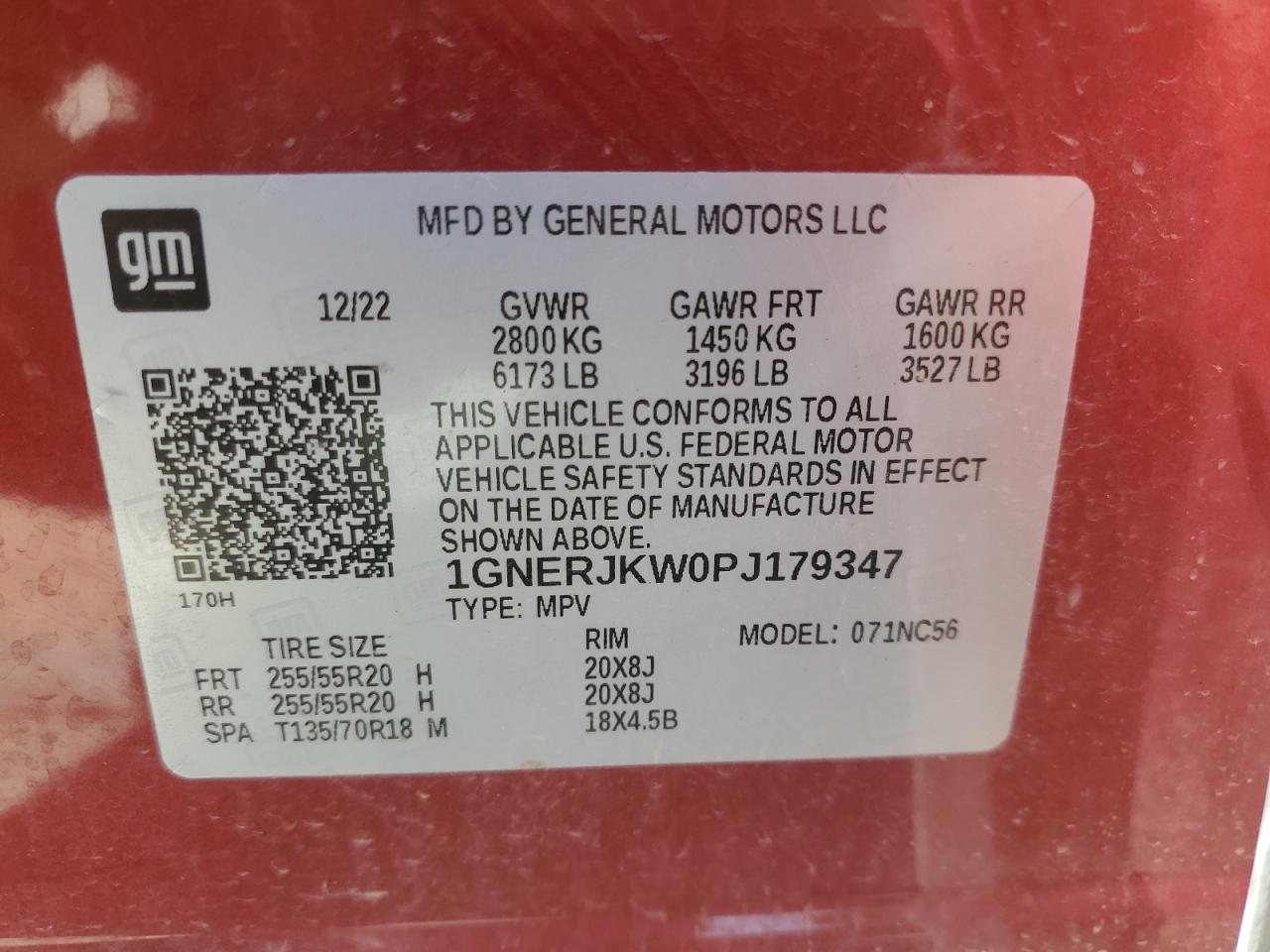 2023 CHEVROLET TRAVERSE RS VIN:1GNERJKW0PJ179347