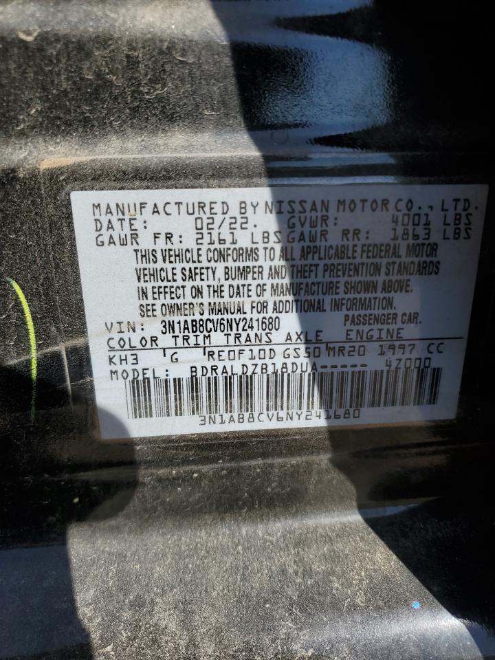 2022 NISSAN SENTRA SV VIN:3N1AB8CV6NY241680