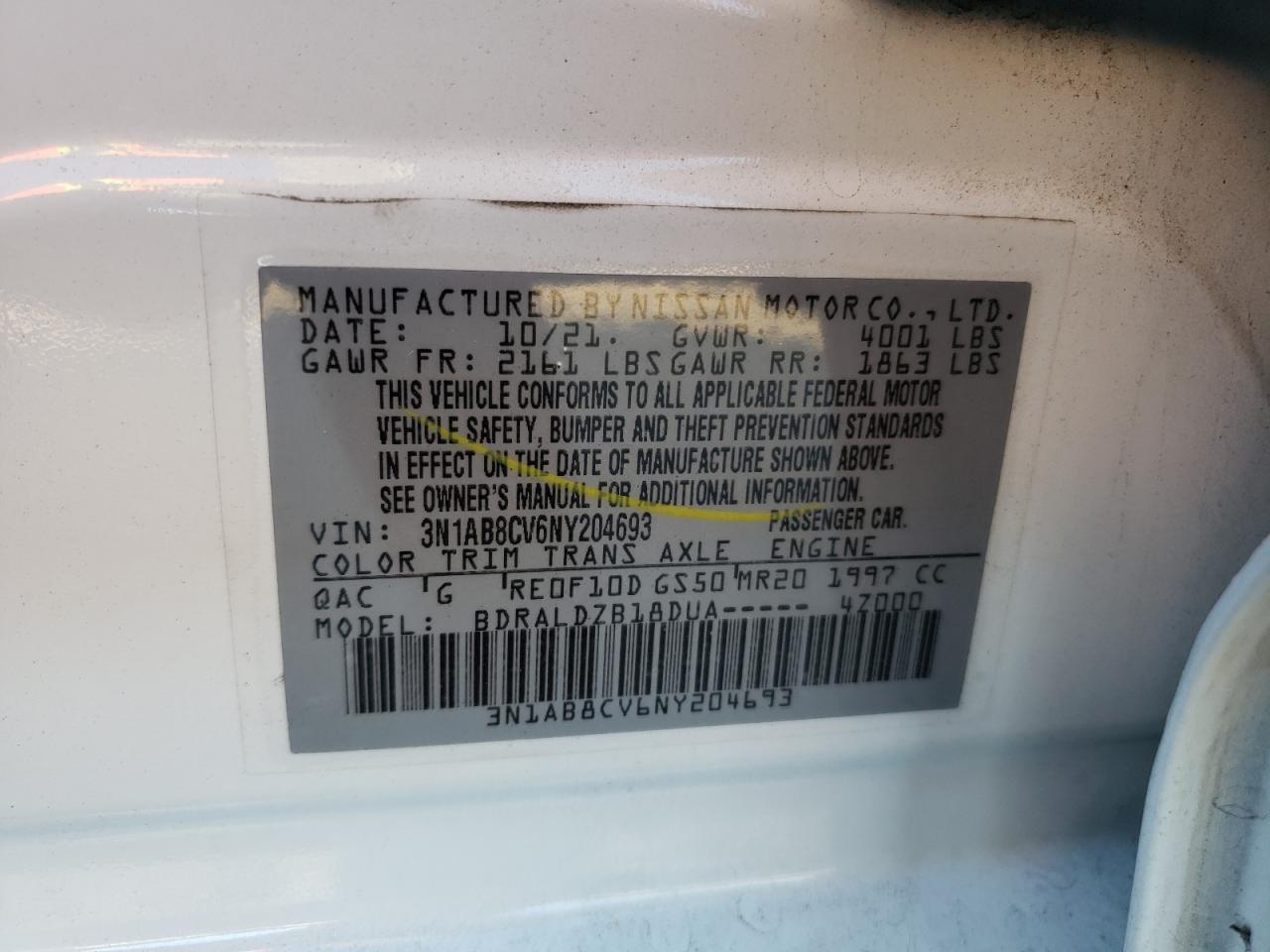 2022 NISSAN SENTRA SV VIN:3N1AB8CV6NY204693
