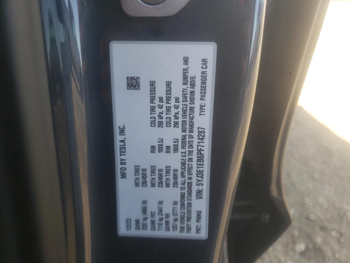 2023 TESLA MODEL 3 VIN:5YJ3E1EB6PF714287