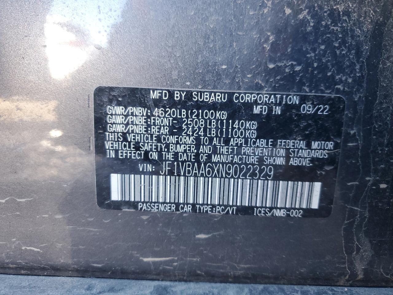 2022 SUBARU WRX VIN:JF1VBAA6XN9022329