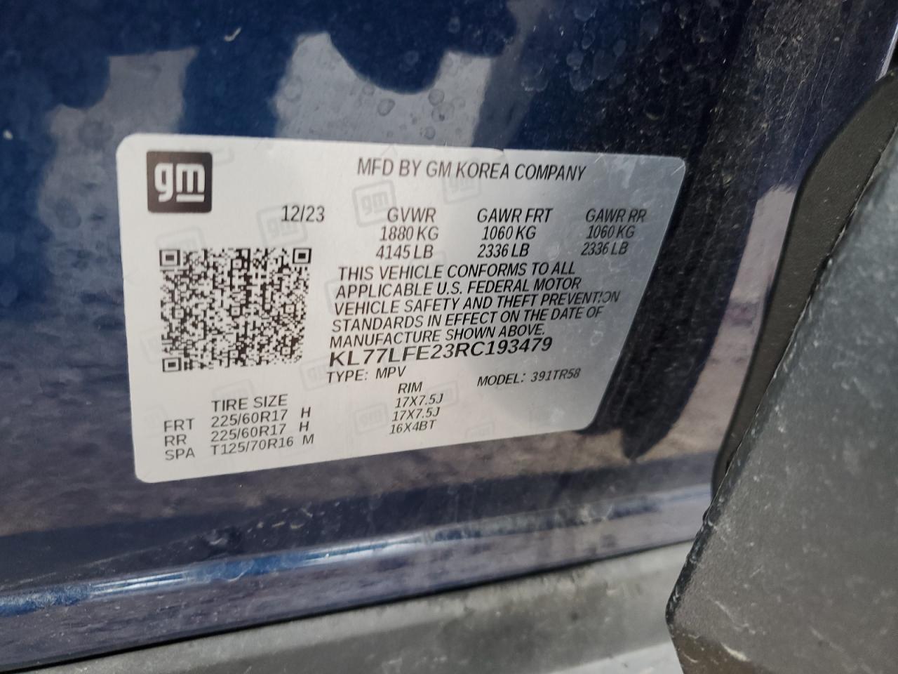 2024 CHEVROLET TRAX LS VIN:KL77LFE23RC193479