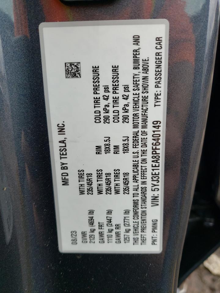 2023 TESLA MODEL 3 VIN:5YJ3E1EA8PF640149