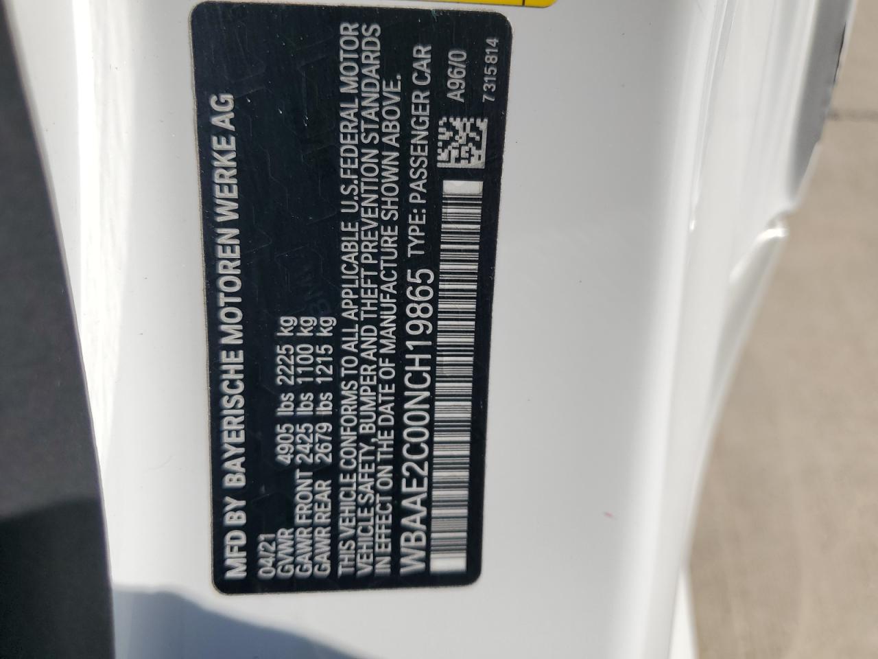 2022 BMW 840I VIN:WBAAE2C00NCH19865