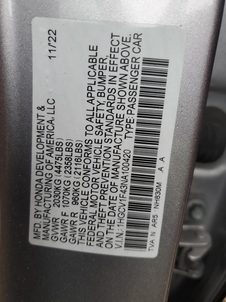 2022 HONDA ACCORD SPORT SE VIN:1HGCV1F43NA100420