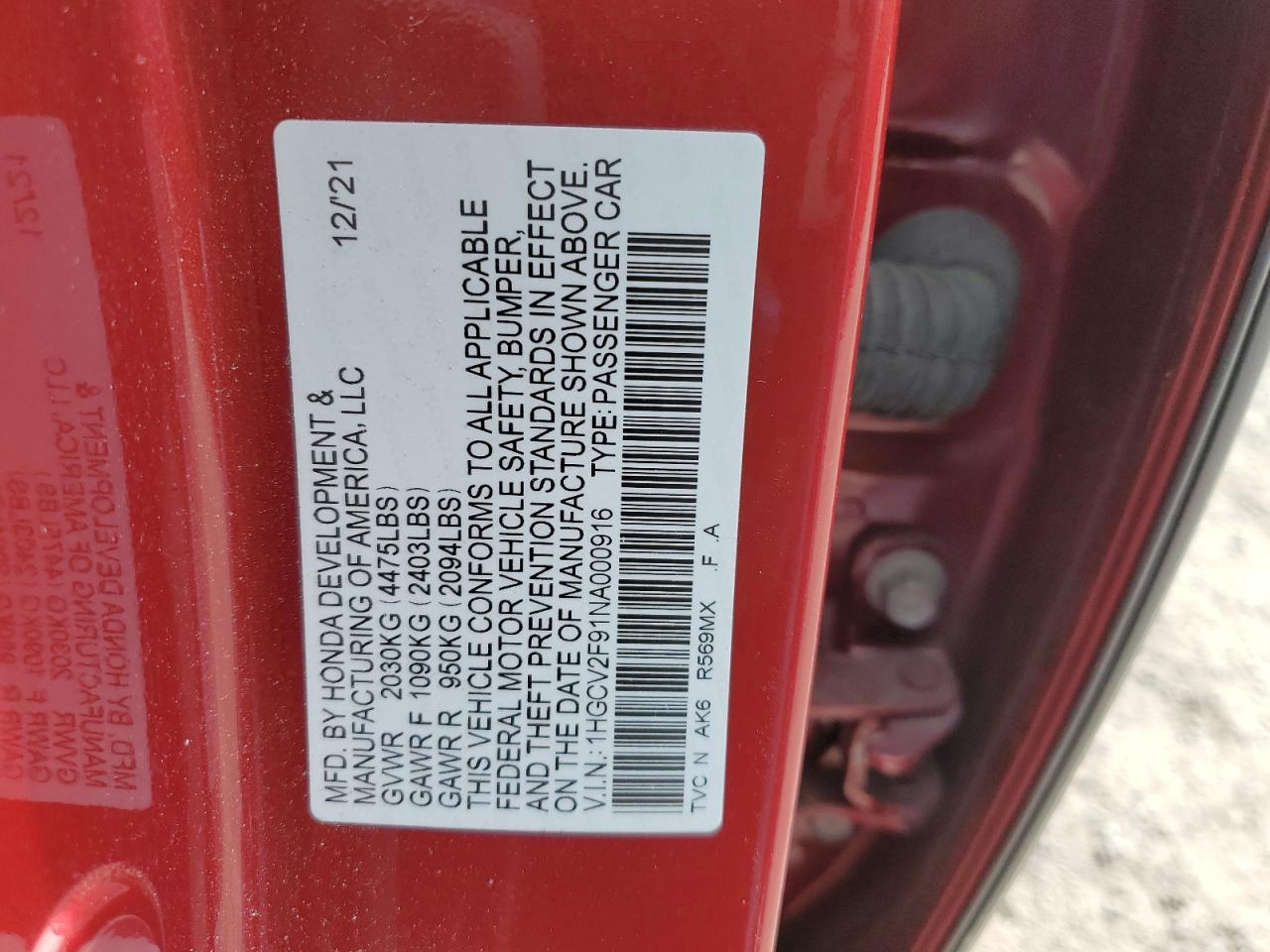 2022 HONDA ACCORD TOURING VIN:1HGCV2F91NA000916