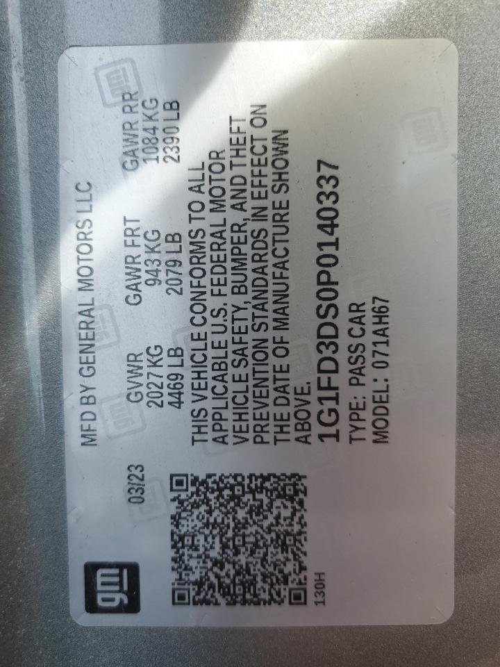 2023 CHEVROLET CAMARO LT VIN:1G1FD3DS0P0140337