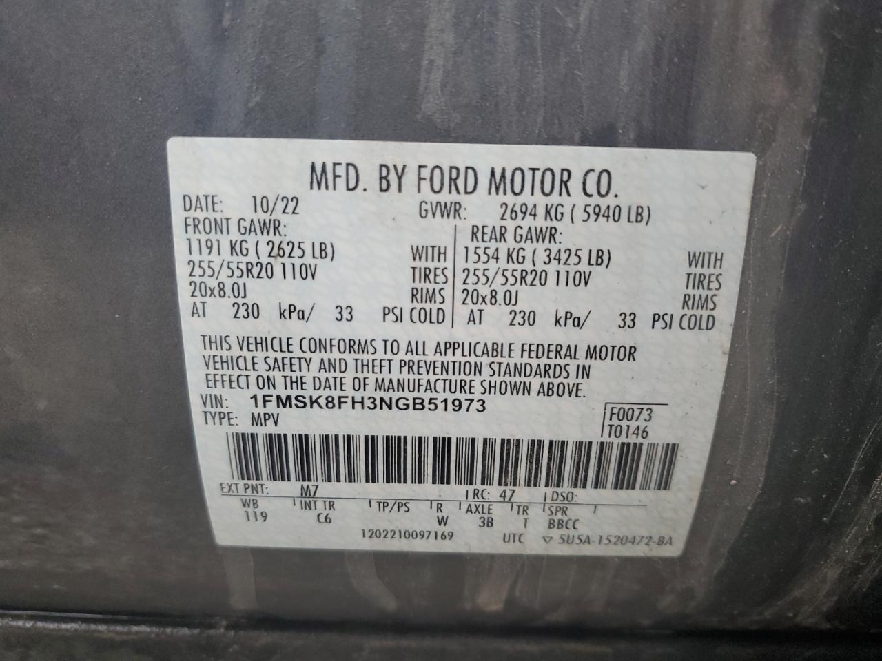 2022 FORD EXPLORER LIMITED VIN:1FMSK8FH3NGB51973