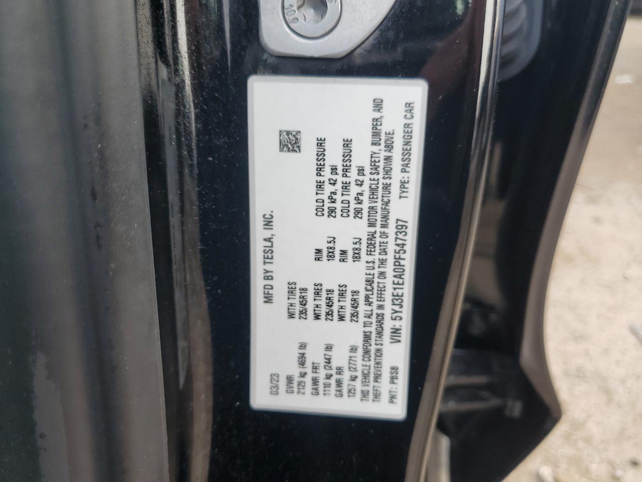 2023 TESLA MODEL 3 VIN:WP0AA2A8XNS255297
