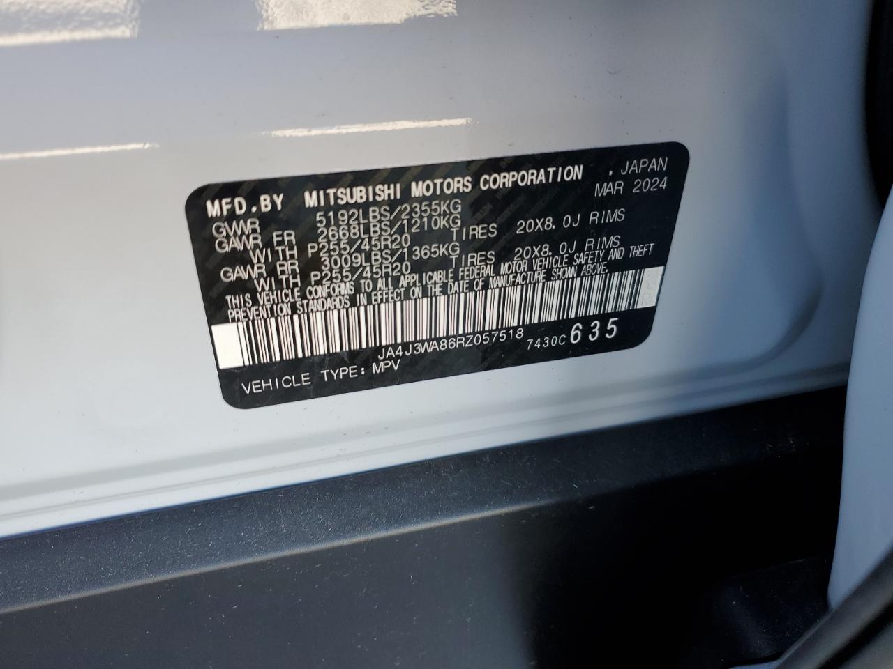 2024 MITSUBISHI OUTLANDER SEL VIN:JA4J3WA86RZ057518