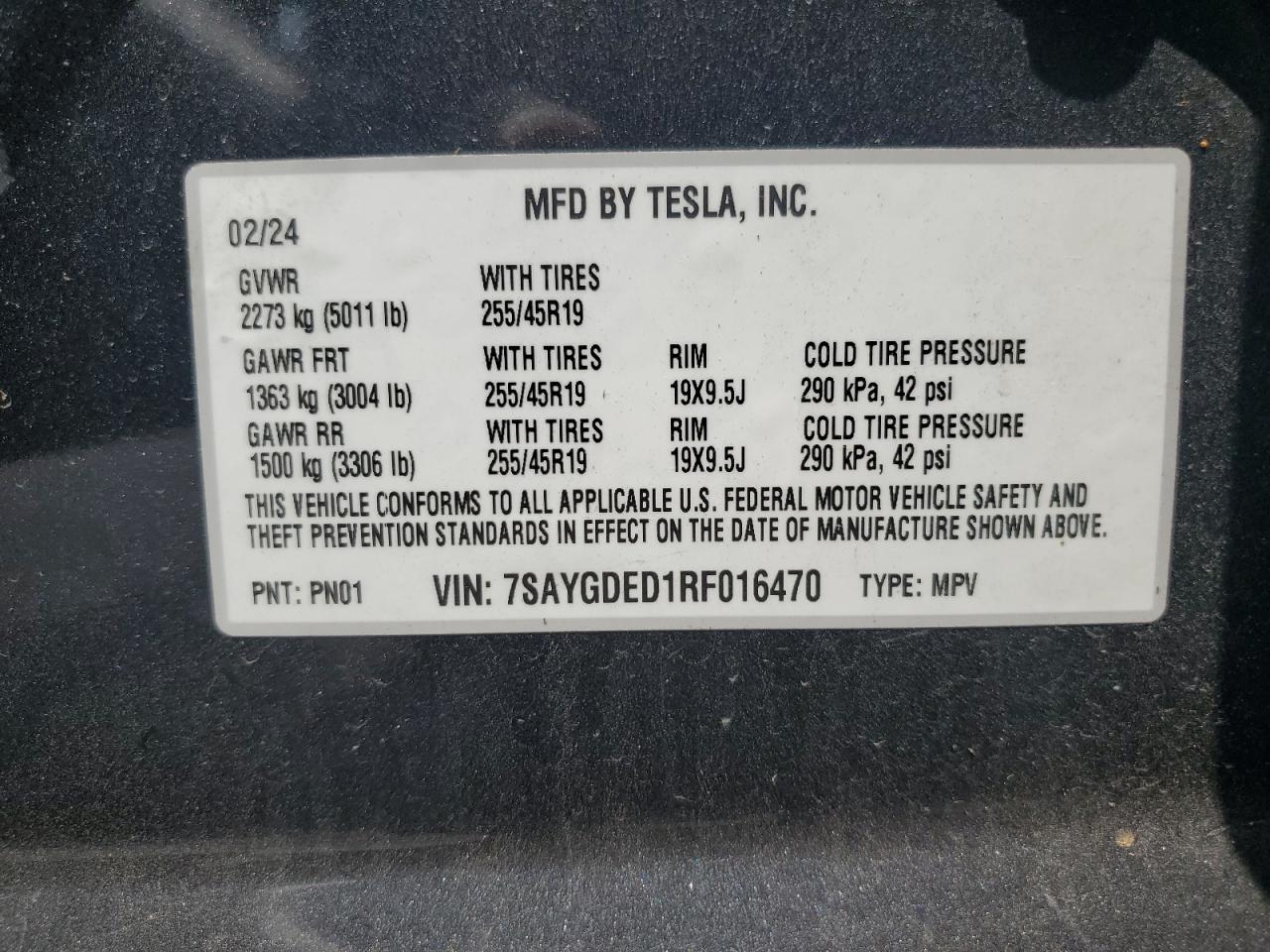2024 TESLA MODEL Y VIN:7SAYGDED1RF016470