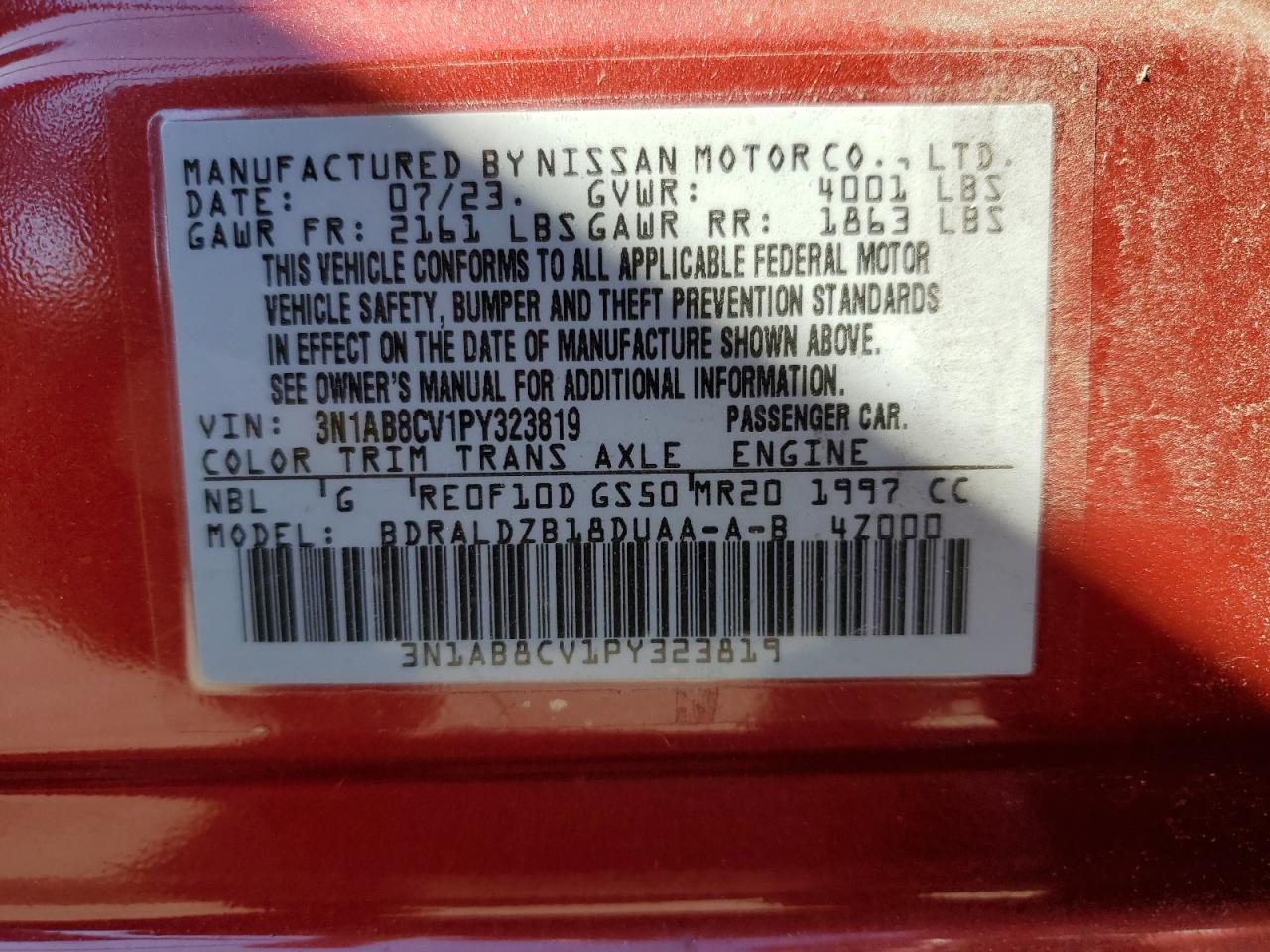 2023 NISSAN SENTRA SV VIN:3N1AB8CV1PY323819