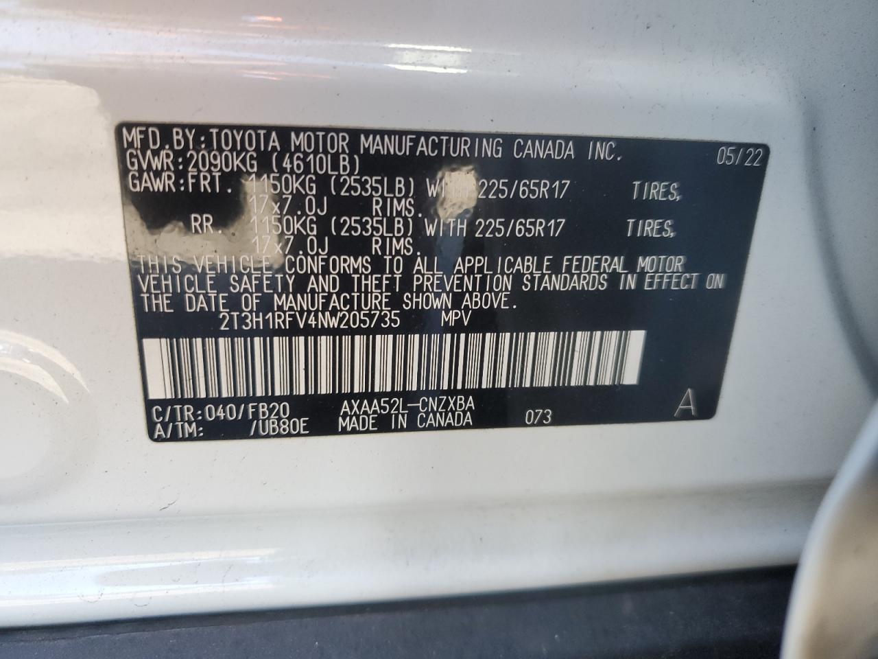 2022 TOYOTA RAV4 LE VIN:2T3H1RFV4NW205735