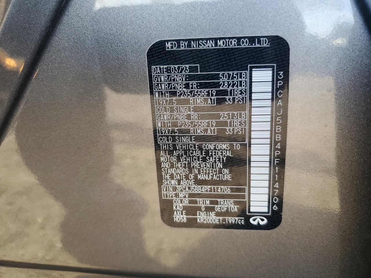 2023 INFINITI QX50 LUXE VIN:3PCAJ5BB4PF114706