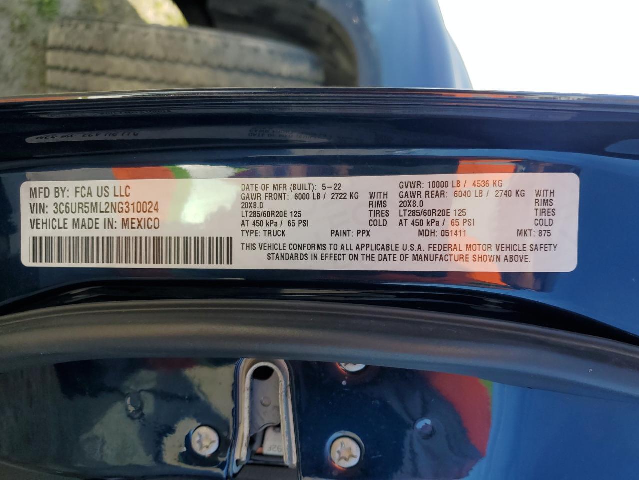 2022 RAM 2500 BIG HORN/LONE STAR VIN:3C6UR5ML2NG310024