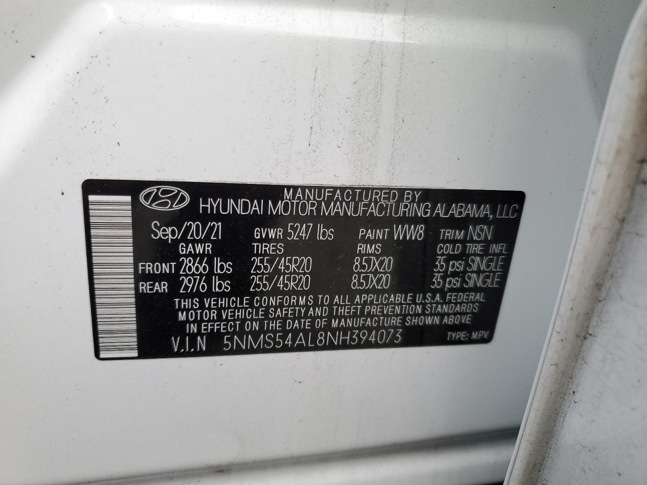 2022 HYUNDAI SANTA FE CALLIGRAPHY VIN:5NMS54AL8NH394073