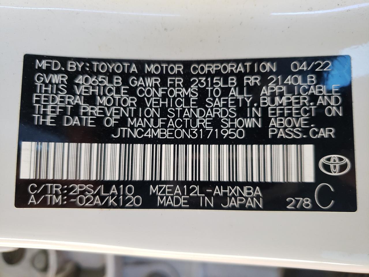 2022 TOYOTA COROLLA XSE VIN:JTNC4MBE0N3171950