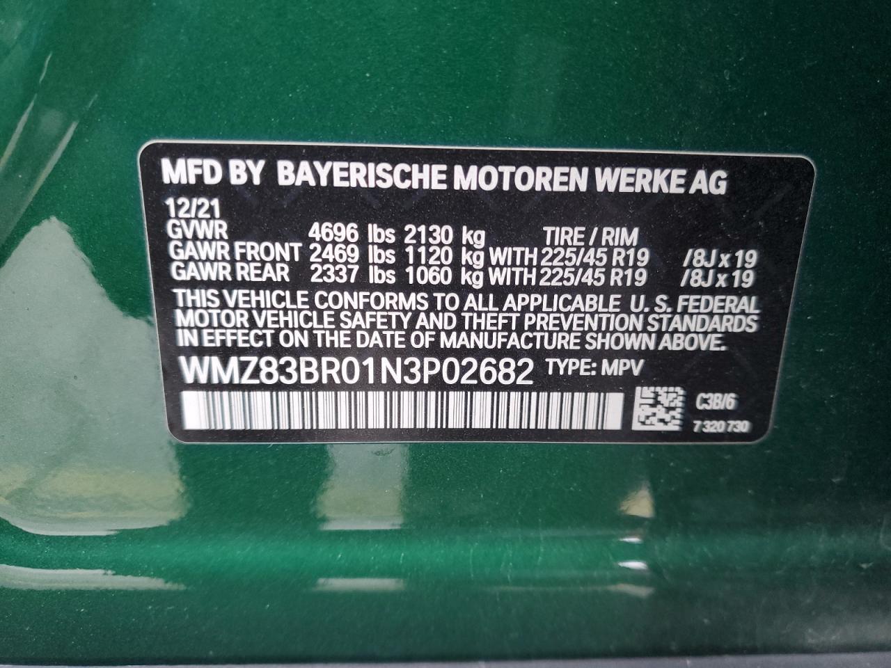 2022 MINI COOPER S COUNTRYMAN ALL4 VIN:WMZ83BR01N3P02682