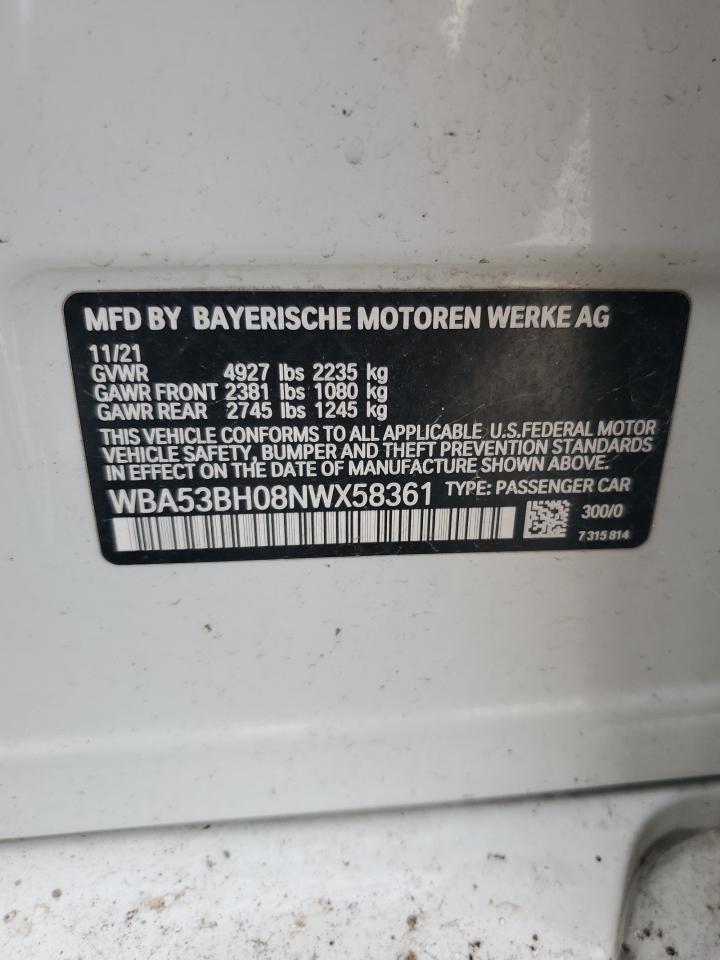 2022 BMW 530 I VIN:WBA53BH08NWX58361