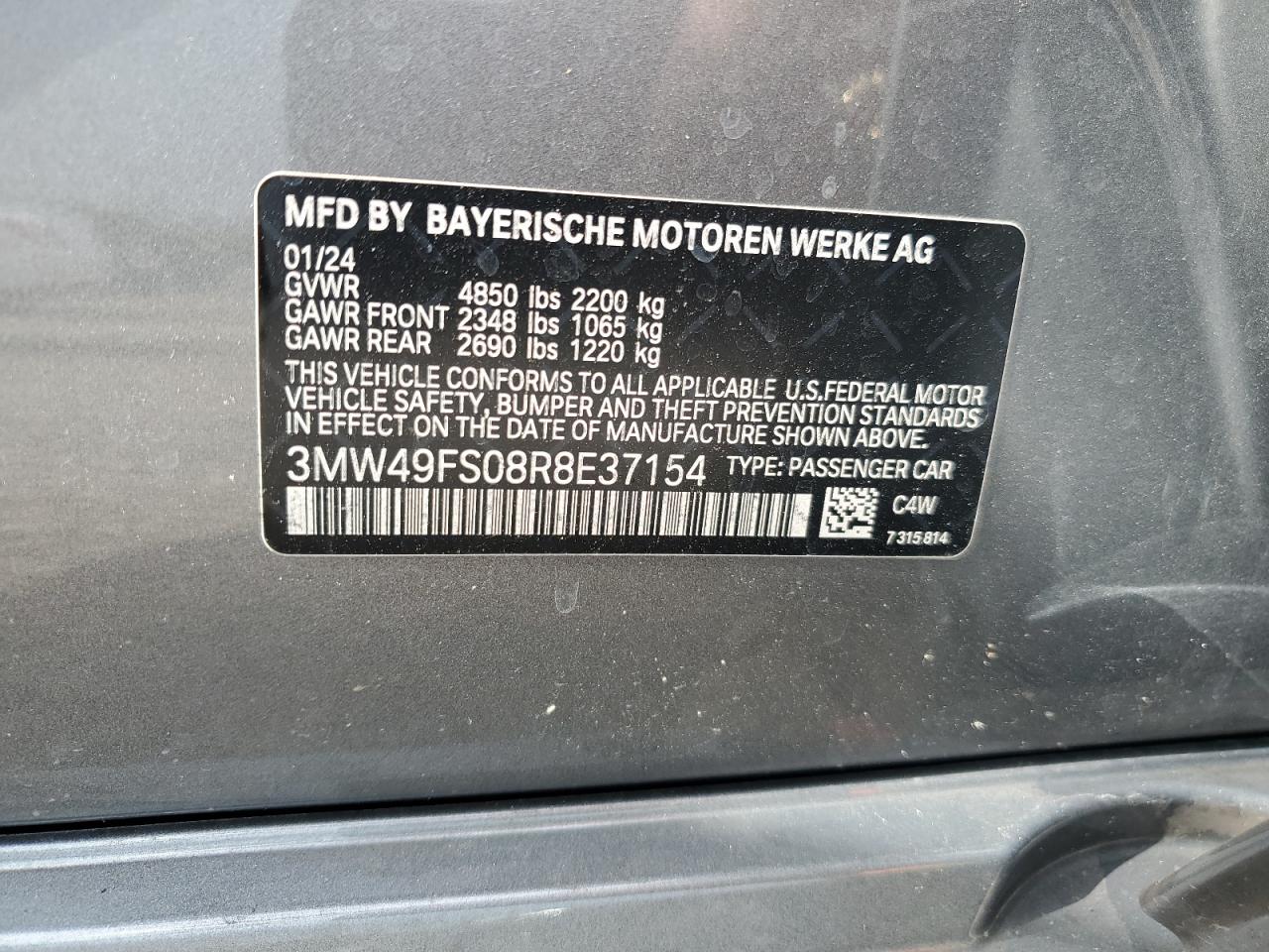 2024 BMW M340I VIN:3MW49FS08R8E37154