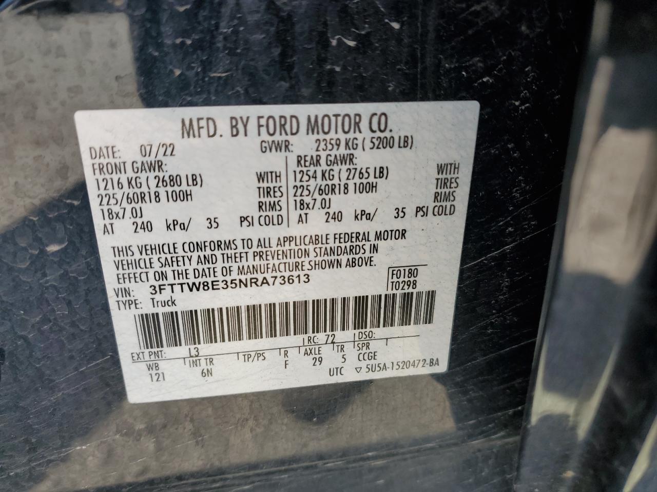 2022 FORD MAVERICK XL VIN:WP0AA2A8XNS255297