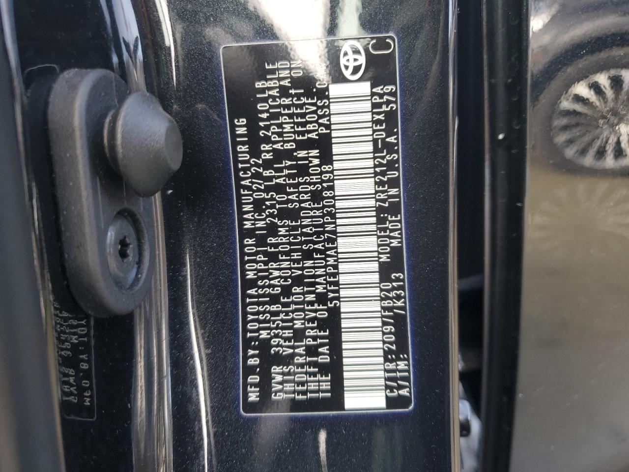 2022 TOYOTA COROLLA LE VIN:5YFEPMAE7NP308198