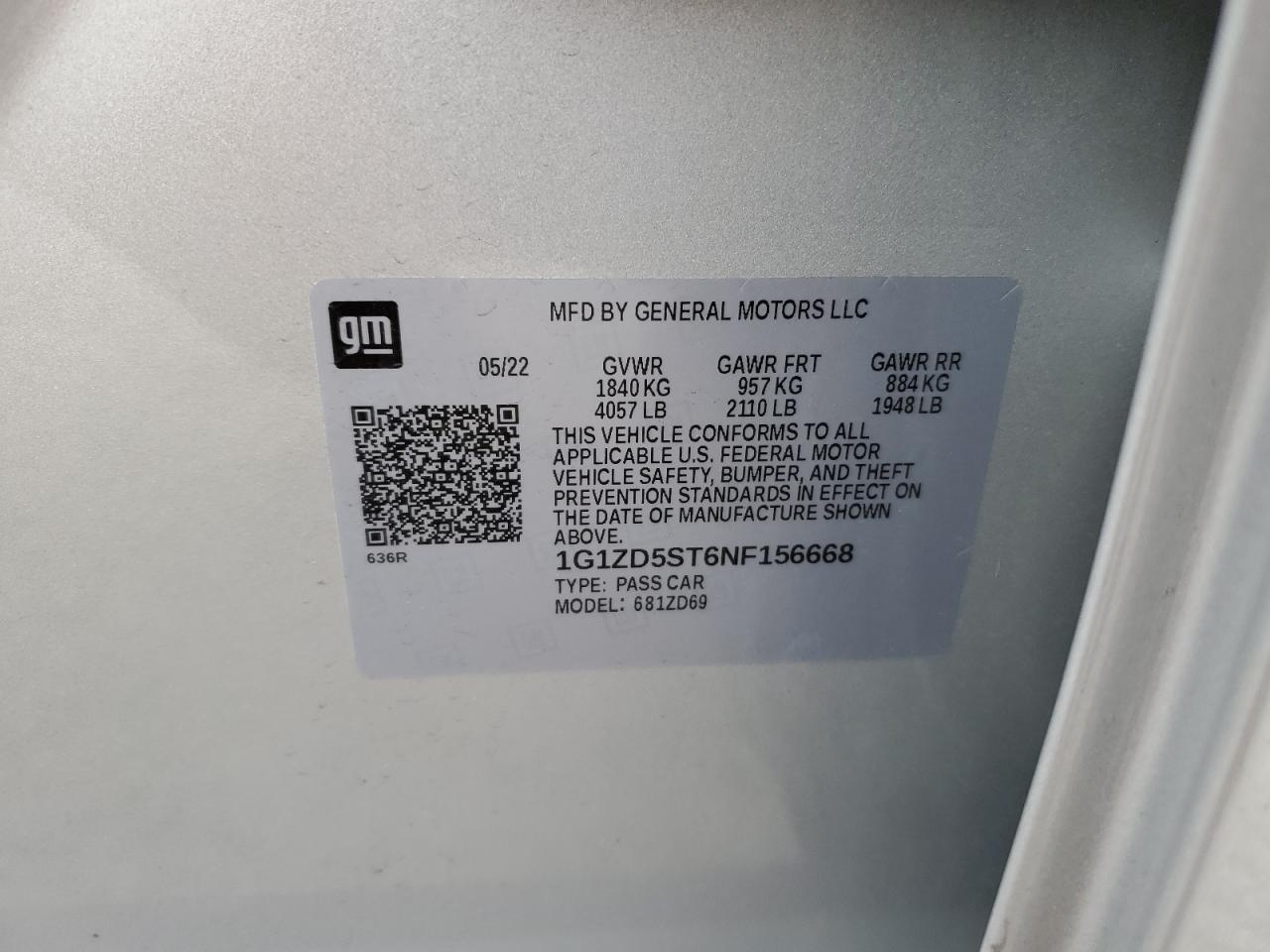 2022 CHEVROLET MALIBU LT VIN:1G1ZD5ST6NF156668