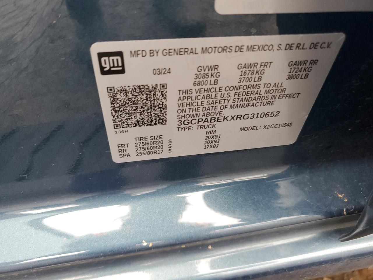 2024 CHEVROLET SILVERADO C1500 CUSTOM VIN:3GCPABEKXRG310652