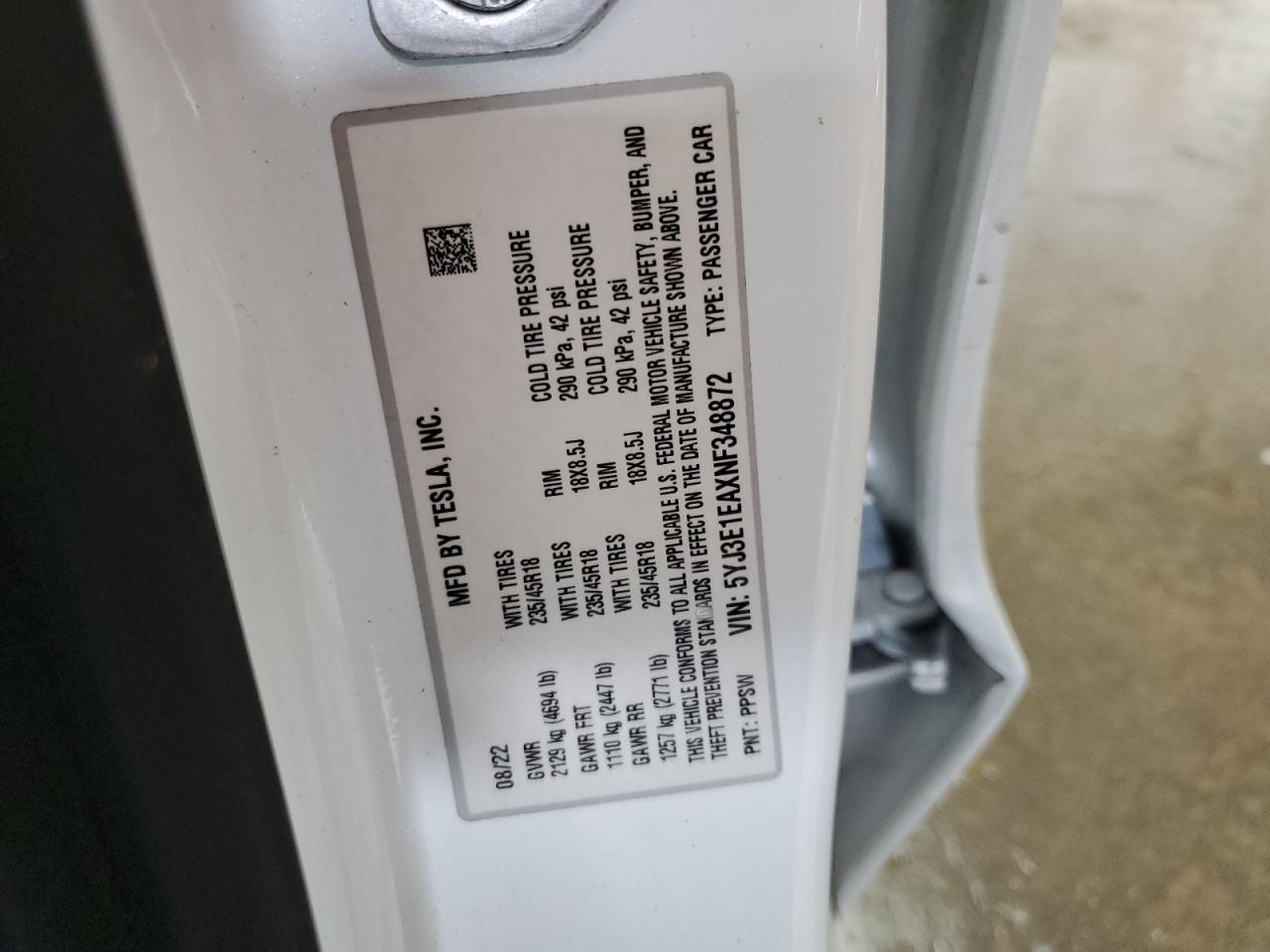 2022 TESLA MODEL 3 VIN:5YJ3E1EAXNF348872