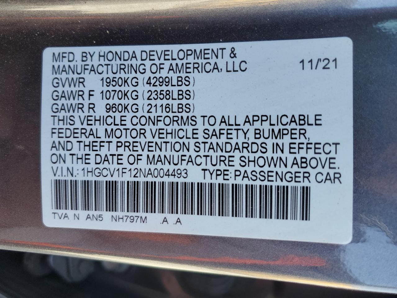 2022 HONDA ACCORD LX VIN:1HGCV1F12NA004493