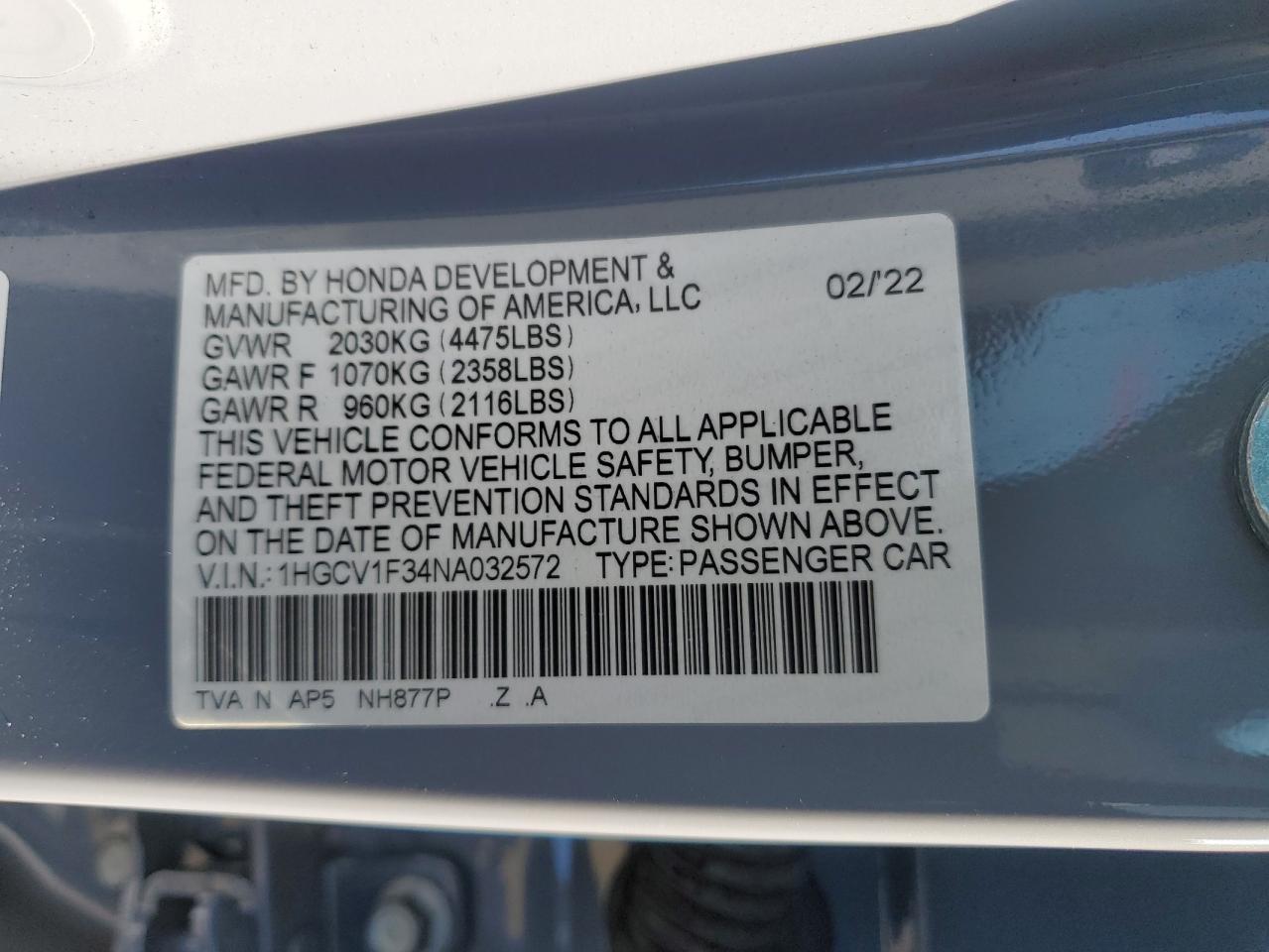 2022 HONDA ACCORD SPORT VIN:1HGCV1F34NA032572