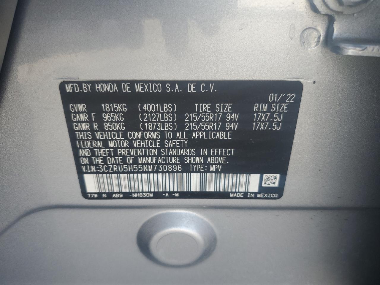 2022 HONDA HR-V EX VIN:3CZRU5H55NM730896
