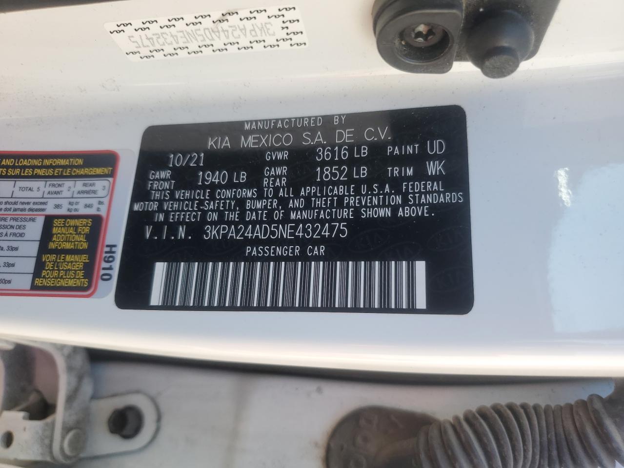 2022 KIA RIO LX VIN:3KPA24AD5NE432475
